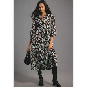 Maeve Anthropologie Women's Brown/Blue The Bettina Tiered Shirt Dress Size XXSP